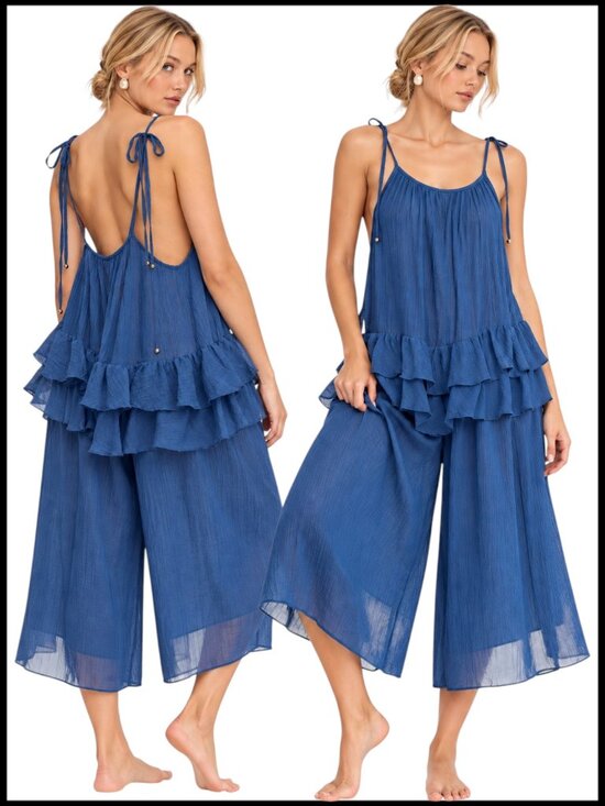 Anthropologie Pants - Anthropologie Celandine Jumpsuit Blue Cotton Gauze Ruffled Wide Leg XS